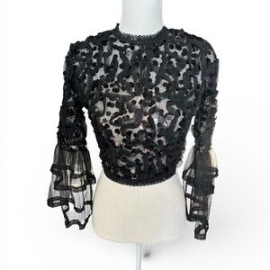 Elegant Black Lace sequin bell sleeve crop top blouse boho cocktail party